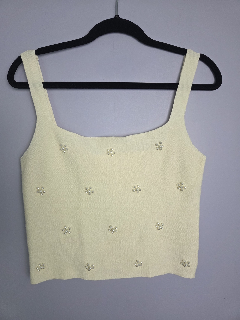 Pearl-Embellished Square Neck Sweater Tank Womens L Cream Cropped Classic NWOT
